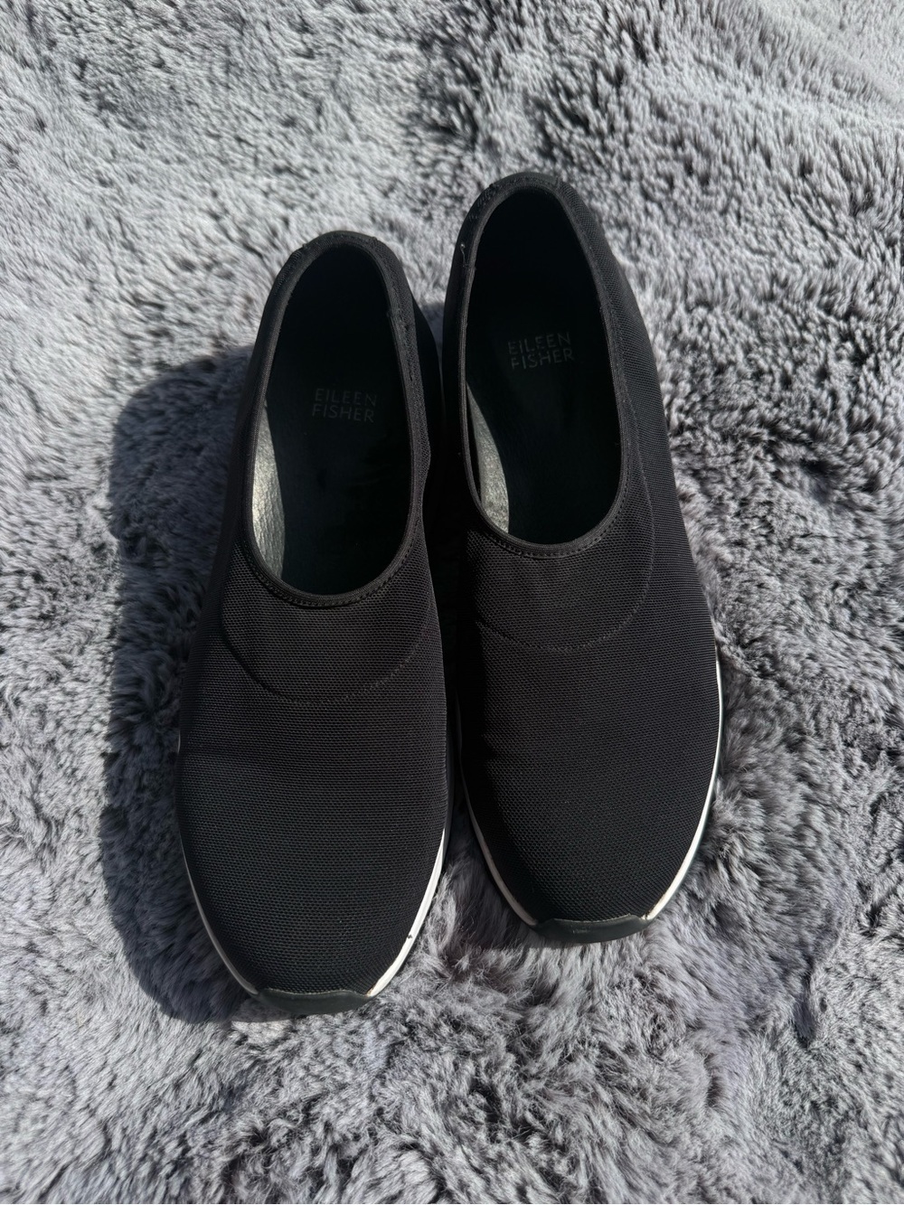 Eileen Fisher Black Knit Slip-On Sneakers with White Trim